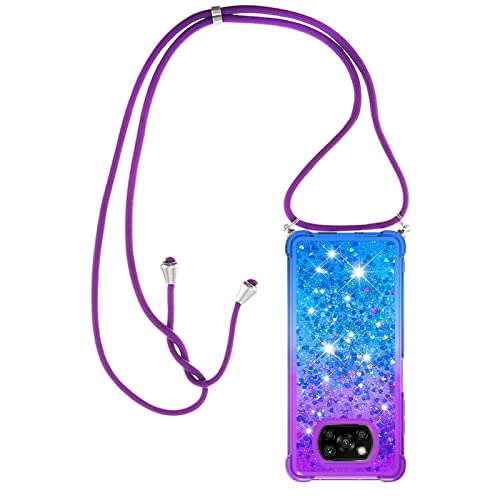 Paekear Handykette für Xiaomi Poco X3 NFC/Poco X3 Pro Hülle, Smartphone Necklace Glitzer Transparent Silikonhülle mit Band - Handyhülle Cover Case mit Stylische Kette zum umhängen, Lila & Blau von Paekear