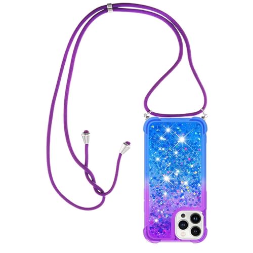 Paekear Handykette für iPhone 15 Pro Hülle, Smartphone Necklace Glitzer Transparent Silikonhülle mit Band - Handyhülle Cover Case mit Stylische Kette zum umhängen, Lila & Blau von Paekear