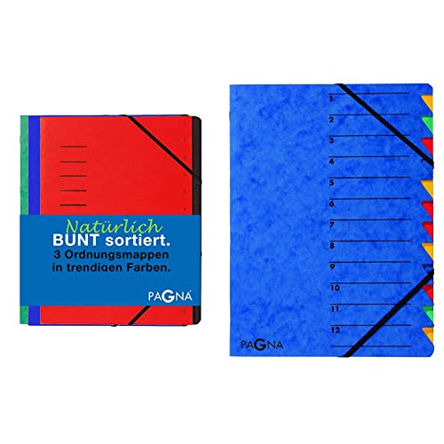 Pagna Ordnungsmappenset 12 Fächer Basic sortiert, Set mit 3 Stück, rot, blau, grün & Ordnungsmappe Easy (Sammelmappe, 12 Fächer, 1-12) blau, 1 Stück von Pagna