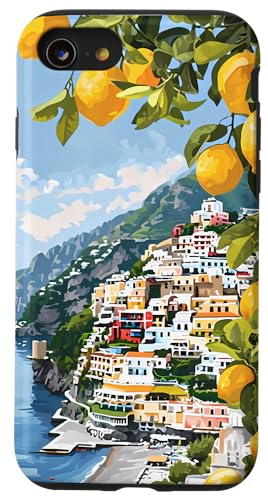Hülle für iPhone SE (2020) / 7 / 8 Italienische Küste mit Amalfi-Zitronen aus dem Mittelmeer von Painting of the Italian Mediterranean Amalfi Coast