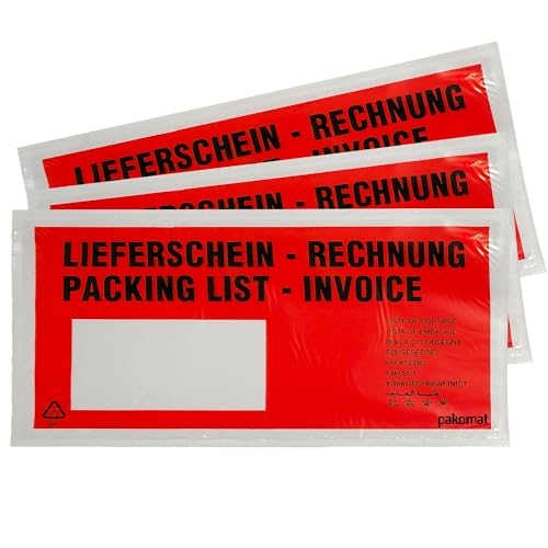 PAKOMAT Lieferscheintaschen DIN DL lang selbstklebend Dokumententaschen Begleitpapiertaschen rot-schwarz bedruckt LieferscheinRechnung (100) von Pakomat