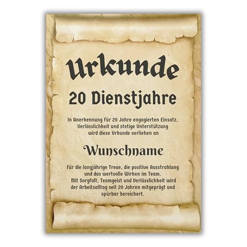 Palanemo Dienstjubiläum 20 Jahre Urkunde Firmenjubiläum Dienstjahre Geschenk Karte Arbeitsjubiläum Personalisiert von Palanemo