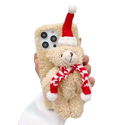 Palizufio Plüsch Weihnachten Schutzhülle für iPhone 15 6.1",Niedlich 3D Christmas Beige Tragen Weich Flauschige Warm Handyhülle Flexibel Silikon Stoßfest Hülle für Mädchen Frauen von Palizufio