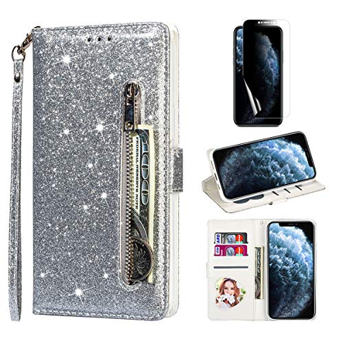 Palizufio Reißverschluss Brieftasche Hülle für Samsung Galaxy A15 5G,Bling Glitzer Leder Handyhülle mit Kartenhalter,Flip Magnetverschluss Stand Schutzhülle mit Handschlaufe-Silber von Palizufio