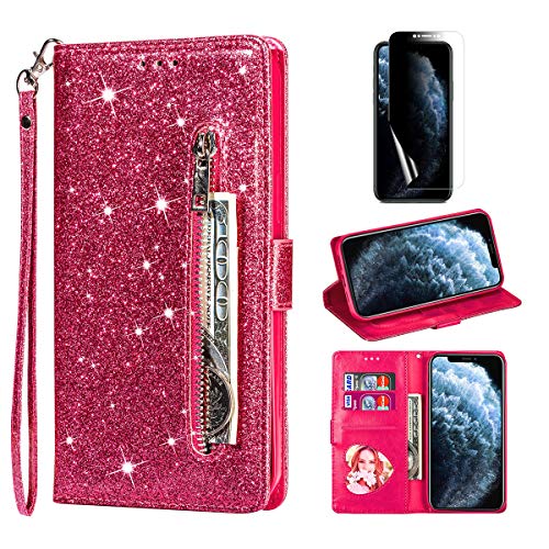 Palizufio Reißverschluss Brieftasche Hülle für Samsung Galaxy A25 5G,Bling Glitzer Leder Handyhülle mit Kartenhalter,Flip Magnetverschluss Stand Schutzhülle mit Handschlaufe-Rose Rot von Palizufio