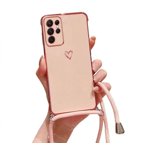 Palizufio Umhängeriemen Schlüsselband hülle für Samsung Galaxy A55 5G Roségold,Niedlich Liebe Herz Beschichtung weicher Stoßfänger TPU Silikon stoßfest Galvanik Abdeckung für Frauen Mädchen von Palizufio