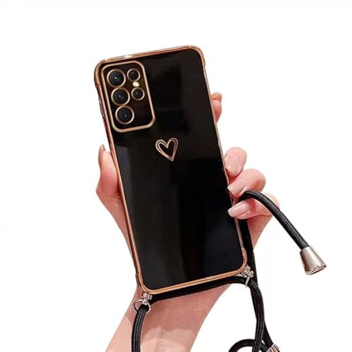 Palizufio Umhängeriemen Schlüsselband hülle für Samsung Galaxy A55 5G Schwarz,Niedlich Liebe Herz Beschichtung weicher Stoßfänger TPU Silikon stoßfest Galvanik Abdeckung für Frauen Mädchen von Palizufio