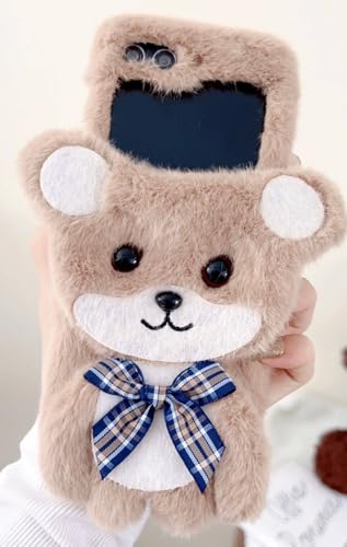 Palizufio Weich Plüsch Hülle für Samsung Galaxy Z Flip 6 5G,Niedlich Pelzig Cartoon Tier Bär Warm Flauschige Haar Schöne Puppe Stand Handyhülle für Kinder Mädchen Frauen,Braun Bär von Palizufio