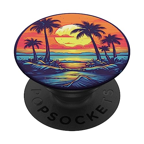 Palme auf Retro-Sonnenuntergang PopSockets mit austauschbarem PopGrip von Palm Tree Beach Tropical Sunset Vacation Design