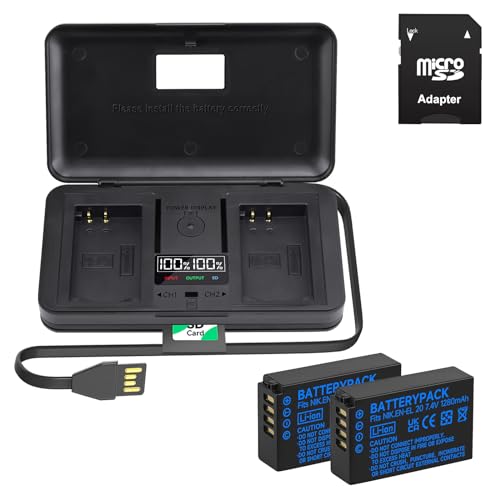 2 Stück EN-EL20 Akkus und Smart LCD Display Dual USB Ladegerät für Nikon Coolpix P1000, Coolpix A, P950, 1 J1, 1 J2, 1 J3, 1 S1, 1 V3, DL24-500, 1 AW1 Digital Kamera von Palogreen