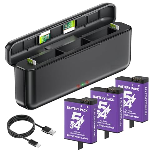 3Pcs DJI Osmo Action 5 Pro Akkus ladegerät Kit, 3-Kanal Akkuladegerät für DJI Osmo Action 5 Pro/Action 4/Action 3, USB-Schnellladehülle mit Typ-C-Kabel, TF-Karten-Speicherplatz von Palogreen
