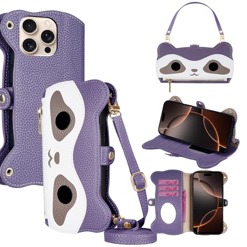 PanXCase für Google Pixel 9a Hülle - Leder Klapphülle Wallet Handyhülle mit Handykette 3 Kartenfach, Spiegel, Magnetverschluss, Waschbär-Form Schutzhülle (Lila) von PanXCase