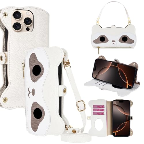 PanXCase für Google Pixel 9a Hülle - Leder Klapphülle Wallet Handyhülle mit Handykette 3 Kartenfach, Spiegel, Magnetverschluss, Waschbär-Form Schutzhülle (Weiß) von PanXCase