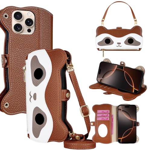 PanXCase für Motorola Edge 60 Fusion Hülle - Leder Klapphülle Wallet Handyhülle mit Handykette 3 Kartenfach, Spiegel, Magnetverschluss, Waschbär-Form Schutzhülle (Braun) von PanXCase