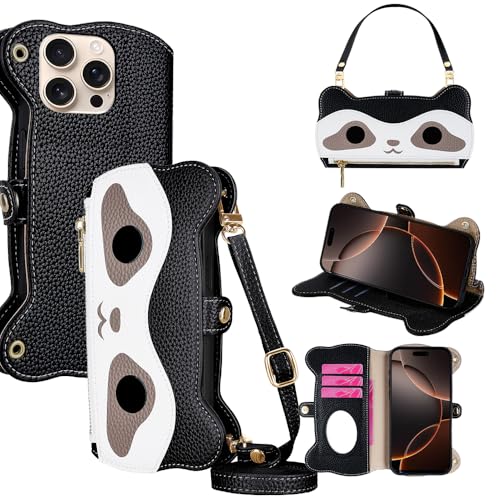 PanXCase für Samsung Galaxy A06 Hülle - Leder Klapphülle Wallet Handyhülle mit Handykette 3 Kartenfach, Spiegel, Magnetverschluss, Waschbär-Form Schutzhülle (Schwarz) von PanXCase