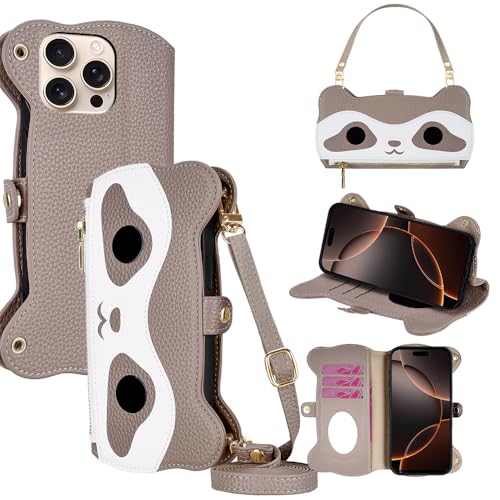 PanXCase für Samsung Xcover 7 Pro Hülle - Leder Klapphülle Wallet Handyhülle mit Handykette 3 Kartenfach, Spiegel, Magnetverschluss, Waschbär-Form Schutzhülle (Grau) von PanXCase