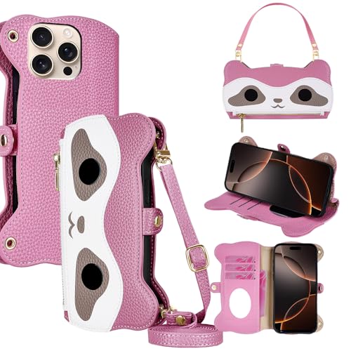 PanXCase für Vivo V50 Hülle - Leder Klapphülle Wallet Handyhülle mit Handykette 3 Kartenfach, Spiegel, Magnetverschluss, Waschbär-Form Schutzhülle (Rosa) von PanXCase