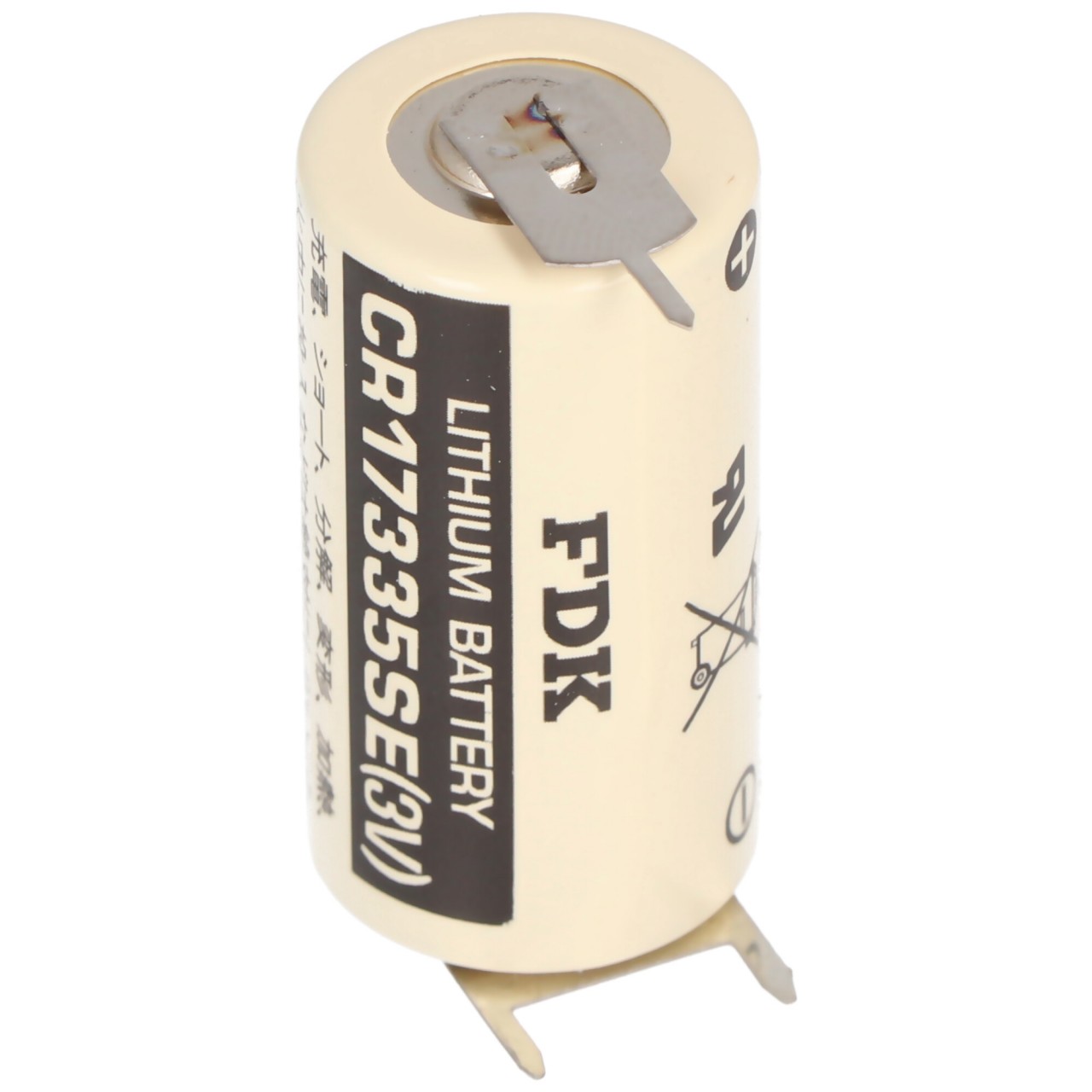 CR17335SE Lithium Batterie mit 3er Print Anschlüssen, 1er Print auf +Pol, 2er Print auf -Pol, Rastermaß 10mm von Panasonic (ehem. Sanyo)