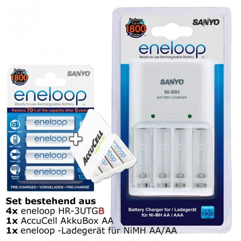Stecker-Ladegerät weiß mit 4x Panasonic eneloop Standard HR-3UTG und AccuCell Akkubox AA von Panasonic (ehem. Sanyo)