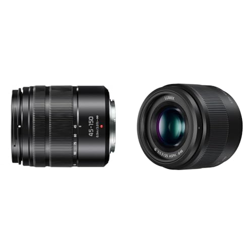 Panasonic H-FS45150EKA LUMIX G Vario Telezoom 45-150 mm F4.0-5.6 ASPH. Objektiv, schwarz & Lumix 25 mm F1.7 | H-H025E-K Prime Objektiv, Schwarz — Micro 4/3-Halterung kompatibel Panasonic & Olymp von Panasonic