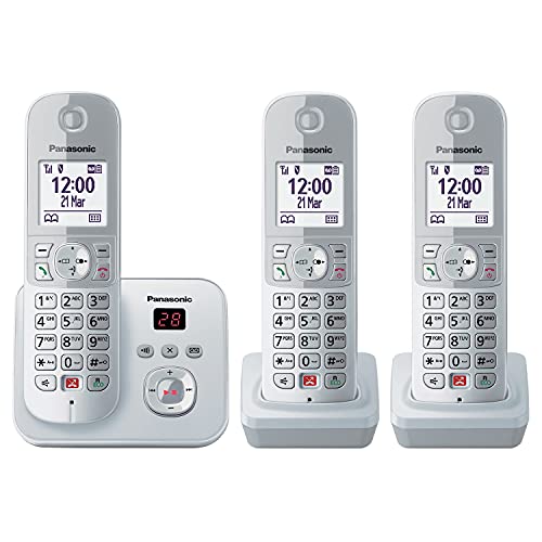 Panasonic KX-TG6863GS Schnurlostelefon mit 3 Mobilteilen und Anrufbeantworter (Bis zu 1.000 Telefonnummern sperren, übersichtliche Schriftgröße, lauter Hörer, Voll-Duplex Freisprechen) perl-silber von Panasonic