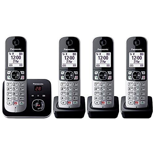 Panasonic KX-TG6864GB Schnurlostelefon mit 4 Mobilteilen und Anrufbeantworter (Bis zu 1.000 Telefonnummern sperren, übersichtliche Schriftgröße, lauter Hörer, Voll-Duplex Freisprechen) schwarz-silber von Panasonic