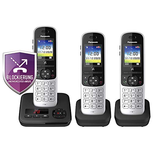Panasonic KX-TGH723GS Schnurlostelefon mit Anrufbeantworter 3er Set (DECT Telefon, strahlungsarm, Farbdisplay, Anrufsperre, Freisprechen) schwarz von Panasonic