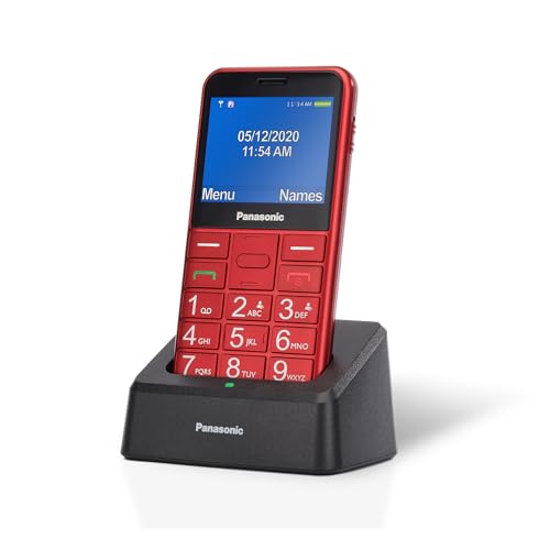 Panasonic KX-TU155EXRN Essentials Mobiltelefon für ältere Menschen mit Ladestation, SOS-Notfalltaste, Prioritätsanruf, Großtastentelefon, hörgerätekompatibel, Bluetooth, UKW-Radio, Kamera, Rot von Panasonic
