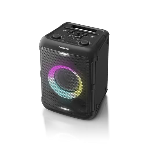 Panasonic SC-BMAX5E-K Tragbarer Party-Lautsprecher mit Bluetooth, integrierter Beleuchtung, 75 W, USB, optischem Eingang für TV, Gitarren- und Mikrofoneingängen für Karaoke, Schwarz von Panasonic