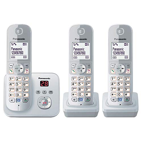 PanasonicKX-TG6823GS DECT Schnurlostelefon mit Anrufbeantworter (3 Mobilteile, strahlungsarm, Eco-Modus, GAP Telefon, Festnetz) perl-silber von Panasonic