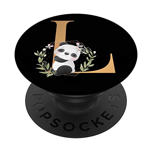 Cute Panda Flowers Black Letter L PopSockets PopGrip: Ausziehbarer Sockel und Griff für Handys/Tablets mit Tauschbarem Top von Panda Letter Design Collection