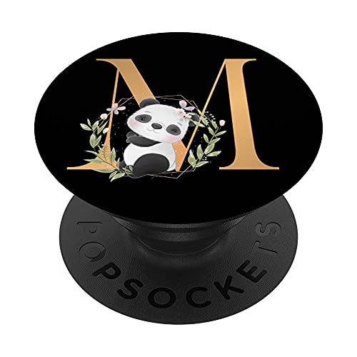 Cute Panda Flowers Black Letter M PopSockets PopGrip: Ausziehbarer Sockel und Griff für Handys/Tablets mit Tauschbarem Top von Panda Letter Design Collection