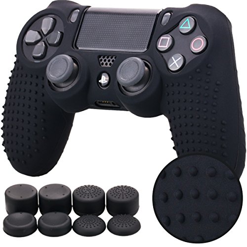 Pandaren® STUDDED Silikon Hülle Anti-Rutsch für PS4 controller x 1 ( schwarz) + FPS PRO thumb grips aufsätze x 8 von Pandaren