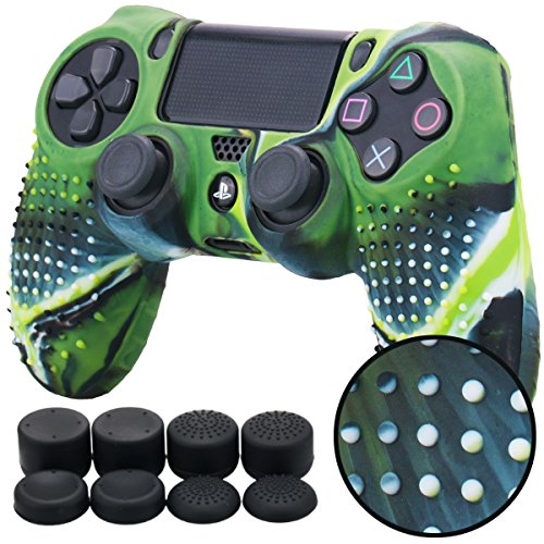 Pandaren® STUDDED Silikon Hülle Anti-Rutsch für PS4 controller x 1 (Tarnung grün) + FPS PRO thumb grips aufsätze x 8 von Pandaren