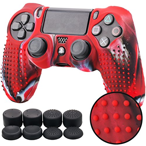 Pandaren® STUDDED Silikon Hülle Anti-Rutsch für PS4 controller x 1 (Tarnung rot) + FPS PRO thumb grips aufsätze x 8 von Pandaren