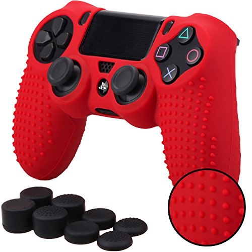 Pandaren® STUDDED Silikon Hülle Anti-Rutsch für PS4 controller x 1 (rot) + FPS PRO thumb grips aufsätze x 8 von Pandaren