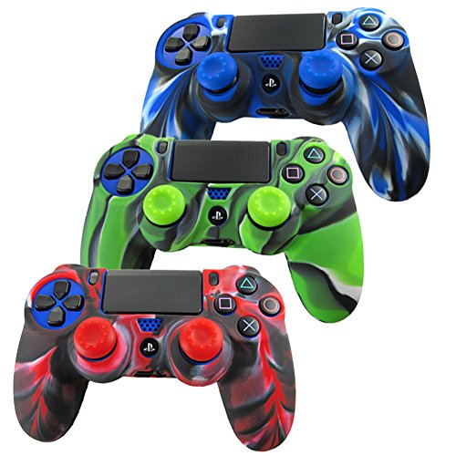 Pandaren® Silikon hülle skin für PS4 controller x 3 + thumb grip aufsätze x 6 (Tarnung rot blau grün) von Pandaren