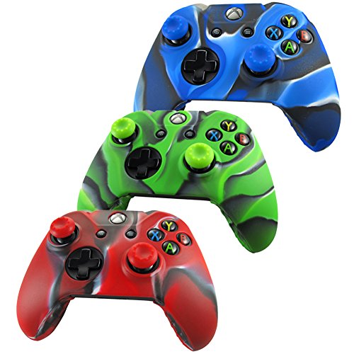 Pandaren® Silikon hülle skin für Xbox One controller x 3 + thumb grip aufsätze x 6(Tarnung rot grün blau) von Pandaren