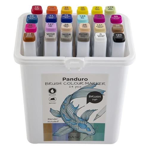Panduro Twin Tip Marker mit Brush Pinselspitze und breiter Spitze | Marker Stifte Set mit Doppelspitze zum Zeichnen, Illustration, Skizzieren | Enthält Grundfarben und Marker-Mixer (24-pack) von Panduro