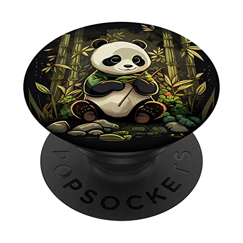Niedlicher Kawaii-Panda, der mit Bambusschießen im dunklen Wald spielt PopSockets mit austauschbarem PopGrip von Pandy Bamboo Wear