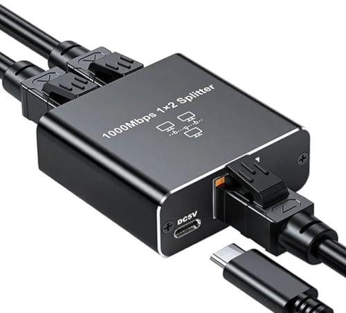 1000Mbit/s RJ45-Ethernet 1 auf 2 Splitter Adapter, 2 Ports zur Gleichzeitigen Nutzung, Hohe Geschwindigkeit Internet LAN Steckdosenverlängerung mit USB Typ-C Stromkabel von Panlouting