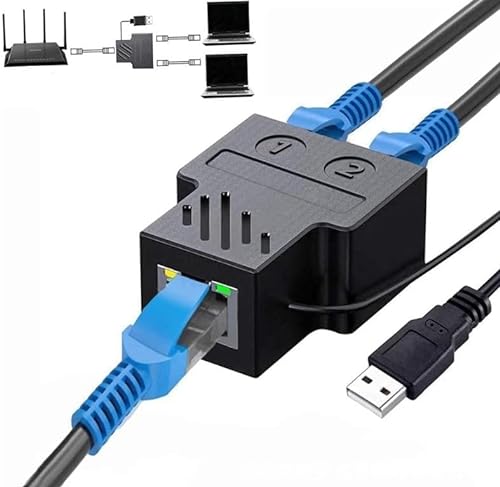 Panlouting RJ45 Ethernet 1 auf 2 Splitter Adapter, 2 Ports zur Gleichzeitigen Nutzung, Hohe Geschwindigkeit 100 Mbit/s, Internet Netzwerk LAN Steckdosenverlängerung mit USB Anschluss von Panlouting