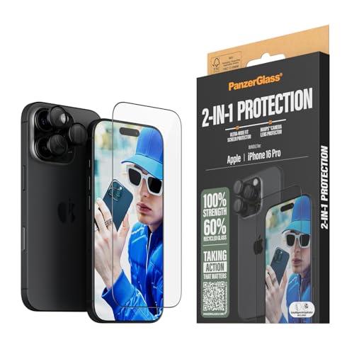 PanzerGlass® 2-in-1 Schutzpaket für Apple iPhone 16 Pro Displayschutz aus gehärtetem Glas, Hoops Kameralinsenschutz, hohe Kratzfestigkeit von Panzer Glass