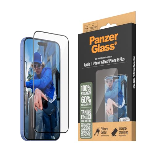 PanzerGlass® Hartglas-Schutzfolie für Apple iPhone 16 Plus Ultra Wide Fit, Hüllenfreundlich, Kratzfest, Stoßfest - mit Montagehilfe für einfache Installation von Panzer Glass