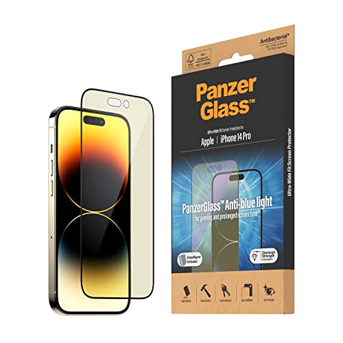PanzerGlass™ Anti-Blue light Displayschutz für iPhone 14 Pro - kratzfester und augenschonender Screen Protector mit Blaulichtfilter für Retinaschutz - mit Positionierhilfe für einfache Anbringung von Panzer Glass