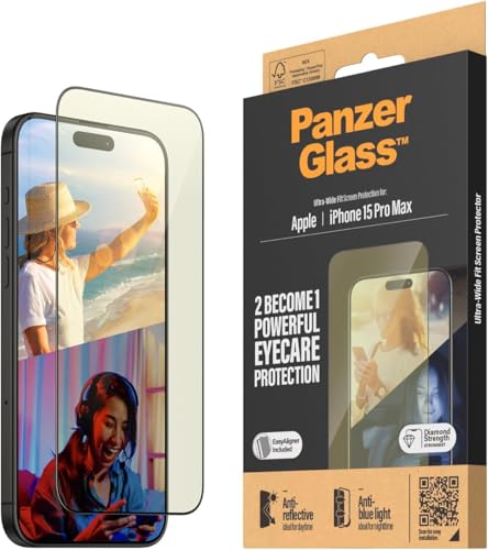 PanzerGlass™ Anti-Reflexions- und Anti-Blaulicht-Schutz für das Apple iPhone 15 Pro Max, Schützen Sie Ihre Augen, Schützen Sie Ihr Telefon - Hüllenfreundlicher Vollbildschutz mit Montagehilfe von Panzer Glass