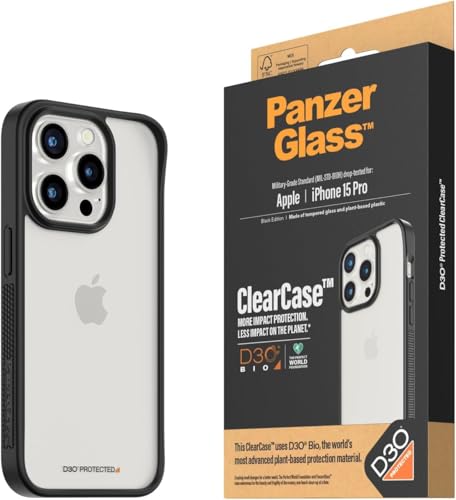 PanzerGlass™ ClearCase mit D3O® Bio für Apple iPhone 15 Pro - Schützen Sie Ihr Telefon mit Stil und Nachhaltigkeit, Kratzfeste Rückseite aus gehärtetem Glas mit stoßdämpfendem Rahmen von Panzer Glass