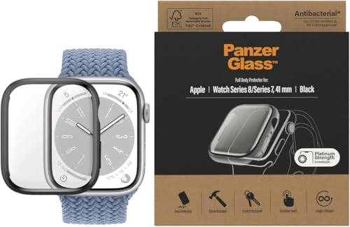 PanzerGlass™ Displayschutz für Apple Watch 8/7 41mm - Schutzhülle für Apple Watch 8/7 41mm gegen Kratzer und Stöße mit Kunststoffrahmen und gehärtetem Glas, Schwarz von Panzer Glass