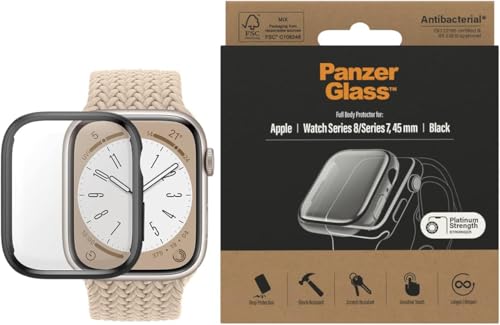 PanzerGlass™ Displayschutz für Apple Watch 8/7 45mm - Schutzhülle für Apple Watch 8/7 45mm gegen Kratzer und Stöße mit Kunststoffrahmen und gehärtetem Glas, Schwarz von Panzer Glass