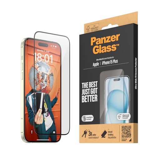 PanzerGlass™ Kratzfester Displayschutz für Apple iPhone 15 Plus - Ultra-Wide Fit und kristallklare Anzeige, Stoßfestigkeit und Fallschutz mit Montagehilfe für einfache Installation von Panzer Glass